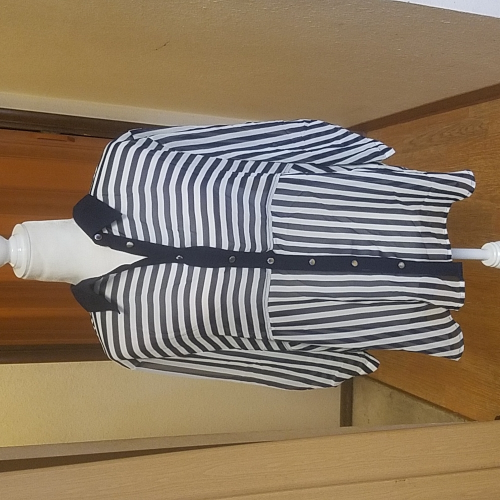 ROMAN FASHION STRIPED NAVY AND  WHITE PLUS SIZE BUTTON UP BLOUSE
